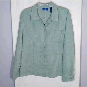 Vtg Women's Faux Suede Button Up Top XL Green Classic Casual Chic Quiet Luxury